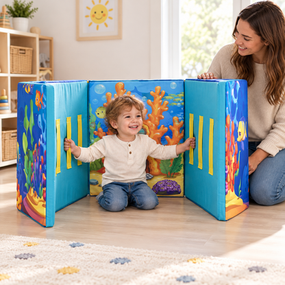 Child voluntarily holding Sea Life Foam Hugger handles with adult supervision