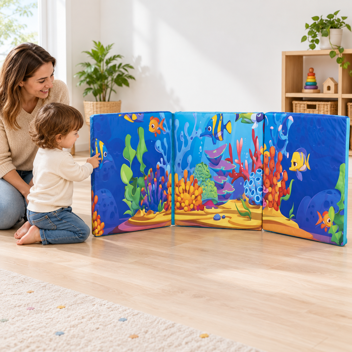 Child exploring the printed front of the Sea Life Foam Hugger