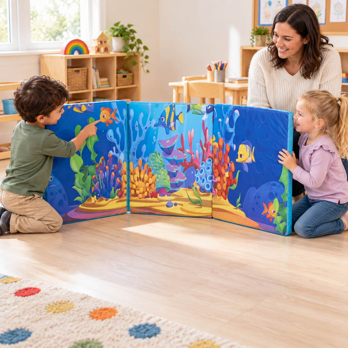 Two children discussing the Sea Life Foam Hugger artwork