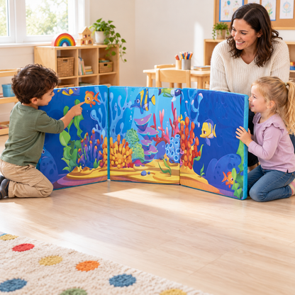 Two children discussing the Sea Life Foam Hugger artwork