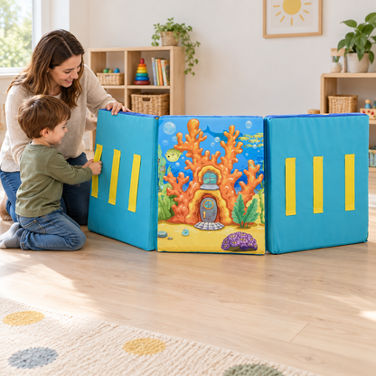 Child gently folding a Foam Hugger panel with practitioner support