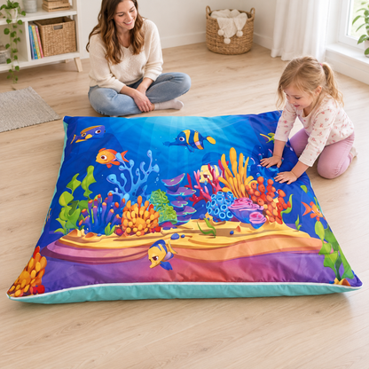 Child gently pressing the Sea Life Wibble-Wobble Bag in a home playroom