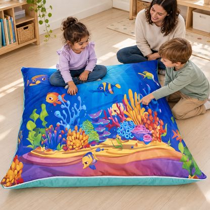 Children discussing fish and coral on Sea Life Wibble-Wobble Bag