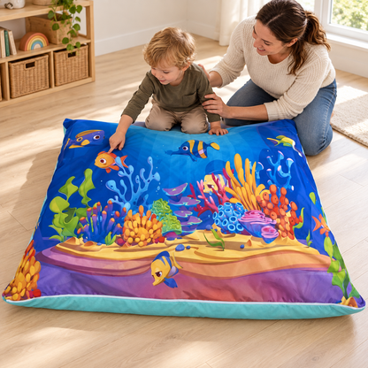 Practitioner supporting a child reaching on the Wibble-Wobble Bag