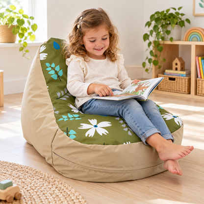 Child reading in Beige/Olive Leaf Beany Lounger