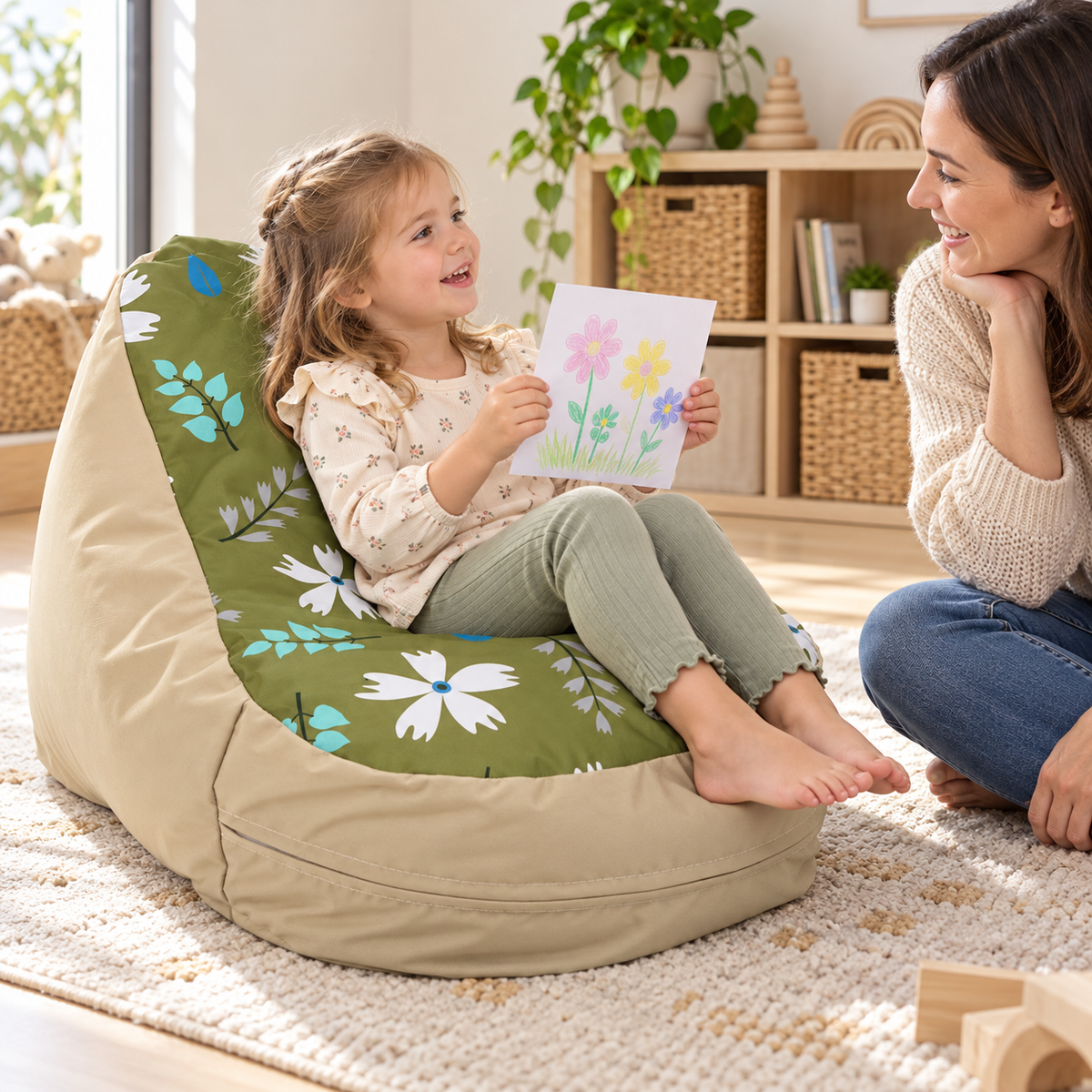 Child sharing a drawing while seated in Beany Lounger