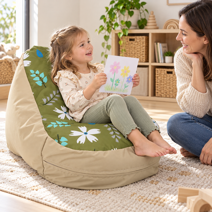 Child sharing a drawing while seated in Beany Lounger