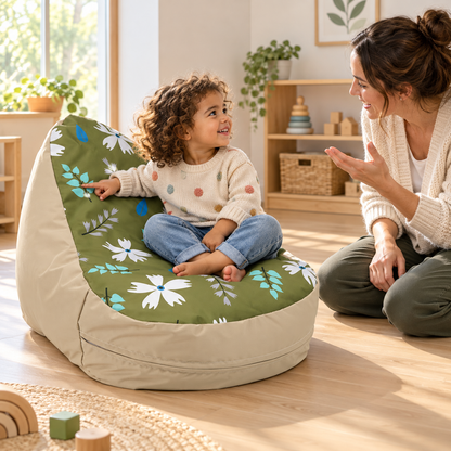 Practitioner and child discussing the Beany Lounger leaf pattern