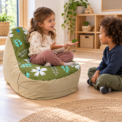 Child sharing a leaf during preschool conversation in Beany Lounger