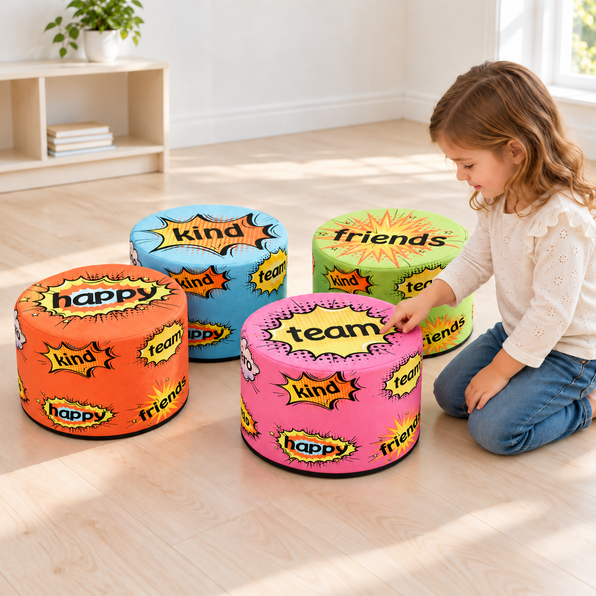 Child exploring the words on four colourful Self Worth Positive Buffets at home