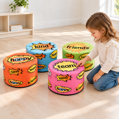 Child exploring the words on four colourful Self Worth Positive Buffets at home