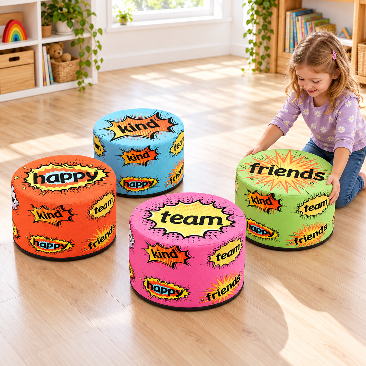 Child arranging the green friends pouffe beside the other three positive word seats