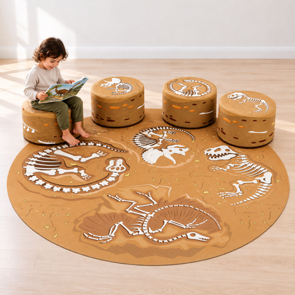 Child reading on a fossil-print seat beside the Dinosaur Fossil Playset mat