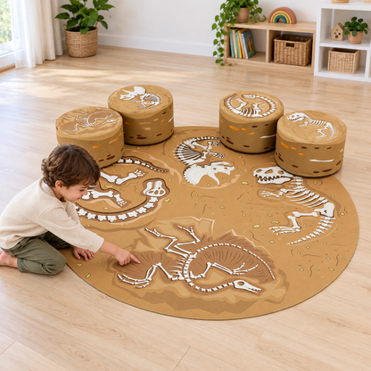 Child pointing to the Archaeopteryx illustration on the Dinosaur Fossil Playset mat