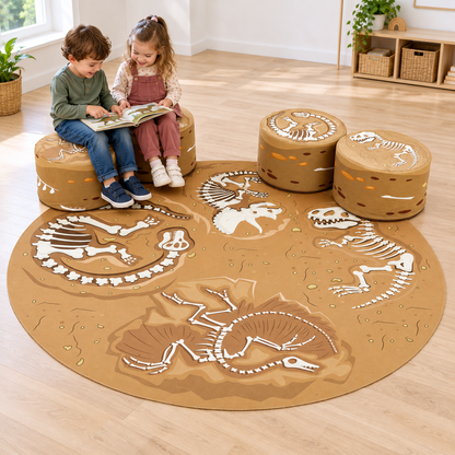 Two children sharing a dinosaur book on the fossil playset seats