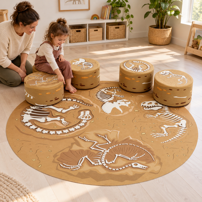 Child and practitioner discussing printed fossils on the playset mat