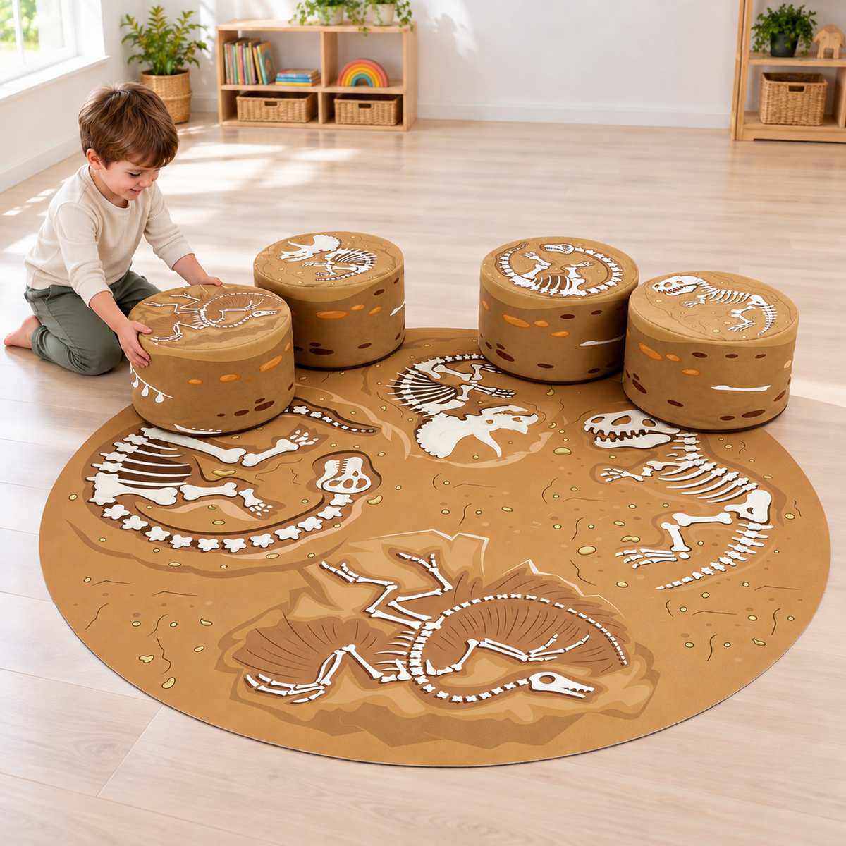 Child positioning one of four fossil-print pouffe seats beside the mat