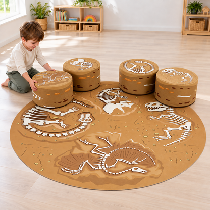 Child positioning one of four fossil-print pouffe seats beside the mat