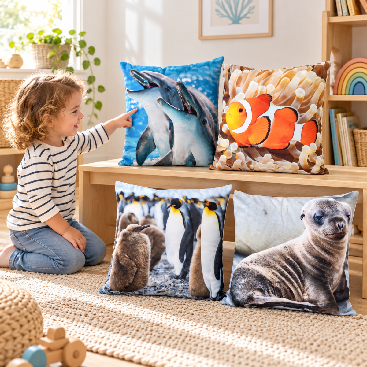 Child pointing to the dolphin design among four Baby Sealife Animal Cushions