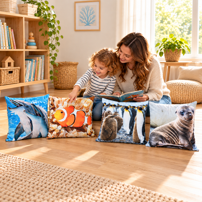 Parent and child matching a book to four photographic animal cushions at home