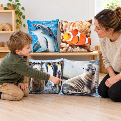 Practitioner and child exploring the sea lion pup cushion design
