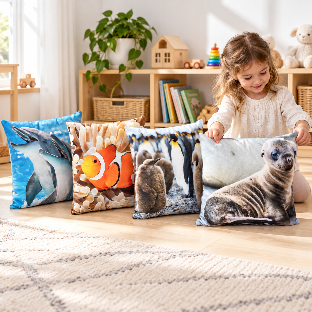 Child arranging a sea lion pup cushion beside the other three animal designs