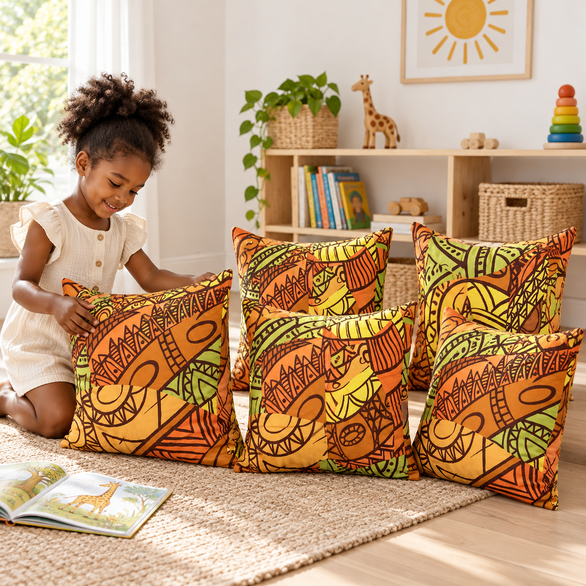 Child arranging five African Inspired Cushions in a bright nursery