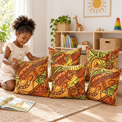 Child arranging five African Inspired Cushions in a bright nursery
