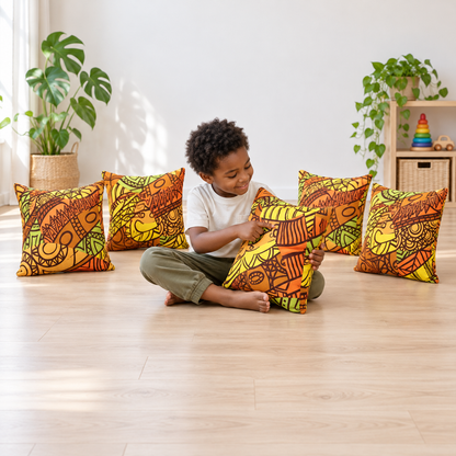 Child tracing a printed motif on one of five African Inspired Cushions