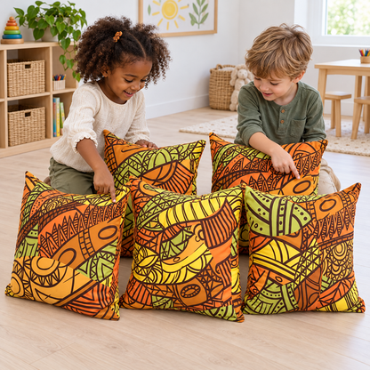 Two children comparing patterns on five African Inspired Cushions