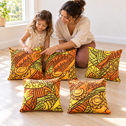 Child and practitioner exploring the print on African Inspired Cushions