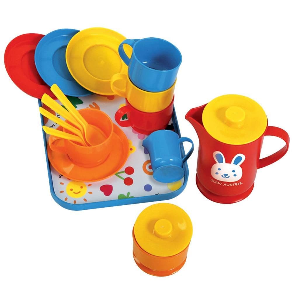 18 Piece Coffee Service, This brightly coloured Pretend play 18 Piece Coffee Service includes a coffee pot, four cups, saucers and spoons plus a milk jug and a sugar bowl, all neatly presented on a serving tray. The 18 Piece Coffee Service Consists of 18 play pieces. This colourful 18 Piece Coffee Service includes a coffee pot, four cups, saucers and spoons. The 18 Piece Coffee Service comes complete with a milk jug and sugar bowl, all presented on a serving tray. Consists of 18 play pieces. Suitable for ag