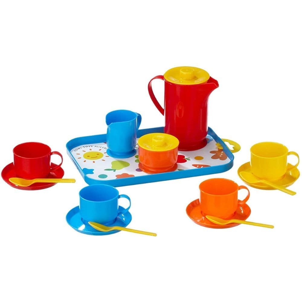 18 Piece Coffee Service, This brightly coloured Pretend play 18 Piece Coffee Service includes a coffee pot, four cups, saucers and spoons plus a milk jug and a sugar bowl, all neatly presented on a serving tray. The 18 Piece Coffee Service Consists of 18 play pieces. This colourful 18 Piece Coffee Service includes a coffee pot, four cups, saucers and spoons. The 18 Piece Coffee Service comes complete with a milk jug and sugar bowl, all presented on a serving tray. Consists of 18 play pieces. Suitable for ag