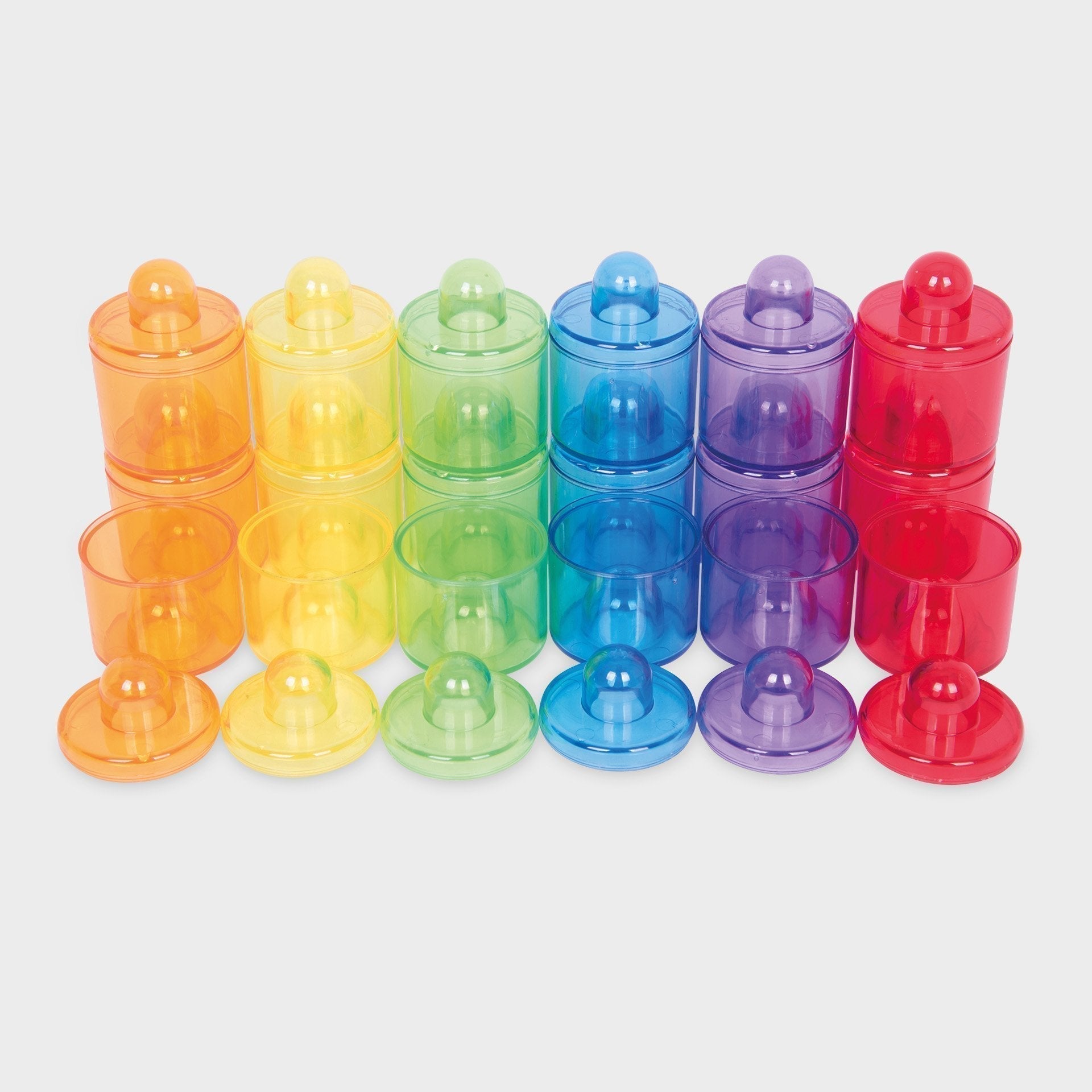 18 Piece Translucent Colour Pot Set, The Translucent Colour Pot Set are small stackable lidded pots in 6 translucent colours, ideal for use in exploration play, for colour mixing and matching, and as a stacking activity to engage logic and develop coordination. Colours match the Translucent Colour Jug Set so can be used together for extended play value.Our TickiT® Translucent Colour Pot Set contains eighteen small and stackable pots in six different translucent colours. Each pot has a lid so is ideal for fi