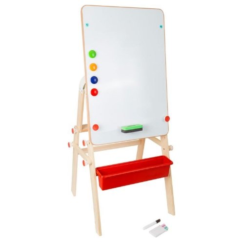 2-in-1 Chalkboard Table, A four-legged multi-talent! Whether used as a table, a chalkboard or a magnetic wall, this multifunctional toy will impress creative kids all over. The screw fittings allow this chalkboard table to be easily assembled and reassembled into the desired function. Writing utensils and drawing supplies can be kept in the storage space. Sponge, chalk, markers and magnets are included. Now the creative afternoon can begin Approx. 48 x 48 x 118 cm; folded up approx. 48 x 70 x 51 cm; play he