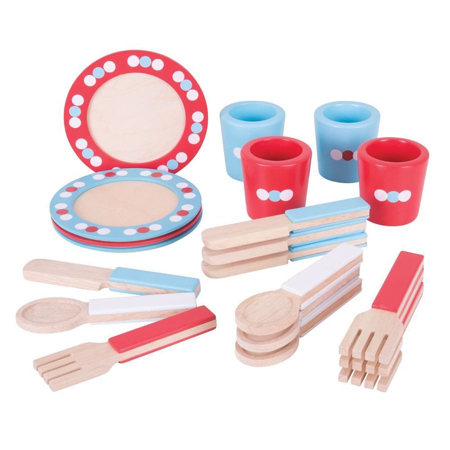 20 Piece Wooden Dinner Service Set, Budding young cooks can host their own dinner and tea parties and cook up some amazing meals with this brightly coloured wooden Children’s Dinner Set. The toy tea set comes supplied with 20 pieces in total, including 4 wooden plates, cups, knives, forks and spoons - making it a great addition to any wooden play kitchen. This unique kids tea set provides hours of pretend play fun and endless play possibilities. It’s a great way to encourage imaginative and creative role pl