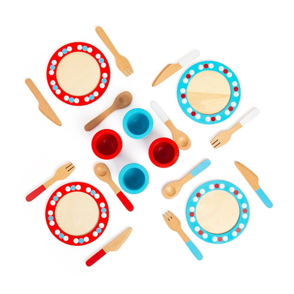 20 Piece Wooden Dinner Service Set, Budding young cooks can host their own dinner and tea parties and cook up some amazing meals with this brightly coloured wooden Children’s Dinner Set. The toy tea set comes supplied with 20 pieces in total, including 4 wooden plates, cups, knives, forks and spoons - making it a great addition to any wooden play kitchen. This unique kids tea set provides hours of pretend play fun and endless play possibilities. It’s a great way to encourage imaginative and creative role pl