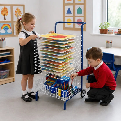 20 Shelf Mobile Drying Rack in a naturally lit early-years nursery art area, lifestyle image 6