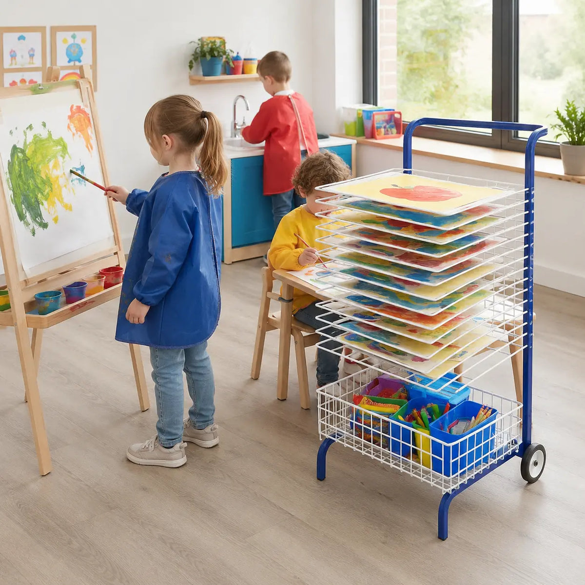 20 Shelf Mobile Drying Rack in a naturally lit early-years nursery art area, lifestyle image 8