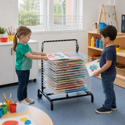 20 Shelf Spring Loaded Dryer in a naturally lit early-years nursery art area, lifestyle image 4
