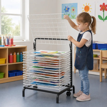 20 Shelf Spring Loaded Dryer in a naturally lit early-years nursery art area, lifestyle image 6