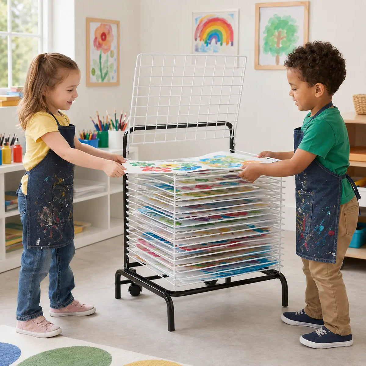 20 Shelf Spring Loaded Dryer in a naturally lit early-years nursery art area, lifestyle image 7