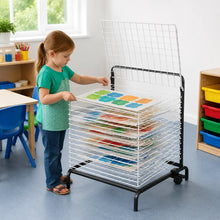 20 Shelf Spring Loaded Dryer in a naturally lit early-years nursery art area, lifestyle image 1