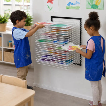 20 Shelf Wall Mounted Drying Rack in a naturally lit early-years nursery art area, lifestyle image 3
