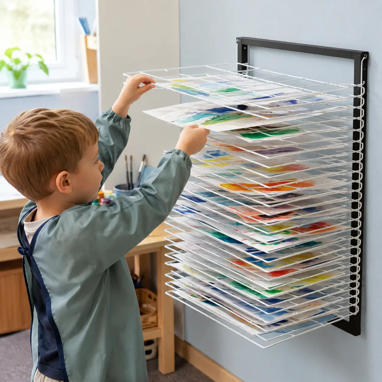 20 Shelf Wall Mounted Drying Rack in a naturally lit early-years nursery art area, lifestyle image 4