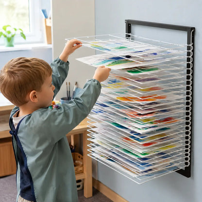 20 Shelf Wall Mounted Drying Rack in a naturally lit early-years nursery art area, lifestyle image 4