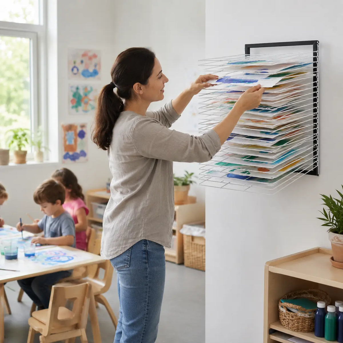 20 Shelf Wall Mounted Drying Rack in a naturally lit early-years nursery art area, lifestyle image 5