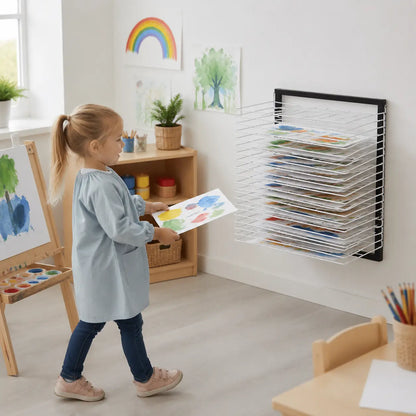 20 Shelf Wall Mounted Drying Rack in a naturally lit early-years nursery art area, lifestyle image 6