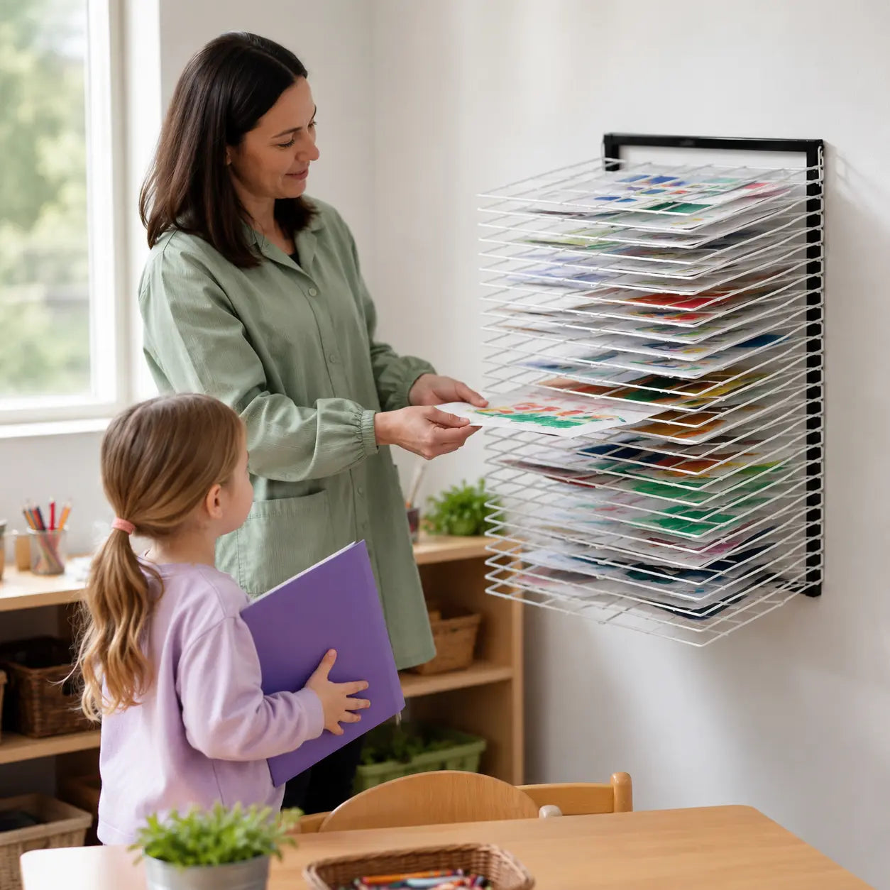 20 Shelf Wall Mounted Drying Rack in a naturally lit early-years nursery art area, lifestyle image 7