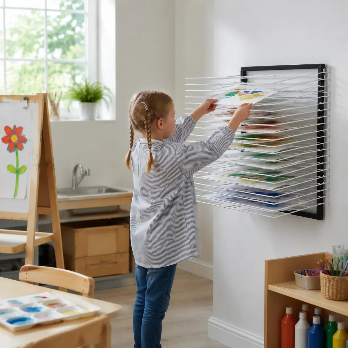 20 Shelf Wall Mounted Drying Rack in a naturally lit early-years nursery art area, lifestyle image 8